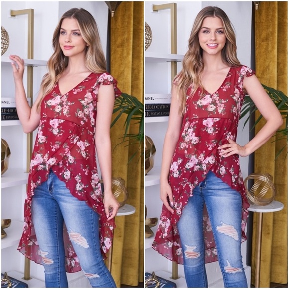 WINE FLORAL PRINT BOHO ASYMMETRICAL HI-LO FLOWY TOP - Picture 4 of 5